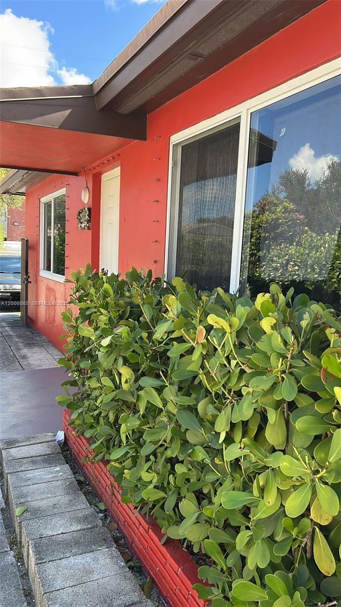 A bright red exterior wall features a large window and a dense green hedge — 2513 Lincoln St, Hollywood FL 33020, HOLLYWOOD, FL