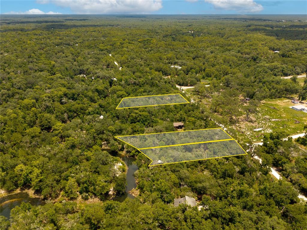 An aerial view shows three highlighted rectangular plots of land surrounded by dense forest — 7333 RIVERVIEW DRIVE, WEBSTER, FL