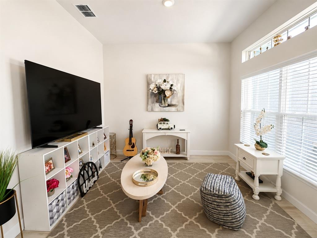 A living room features a large television on a white shelving unit and a rug — 4869 SW 115TH STREET, OCALA, FL