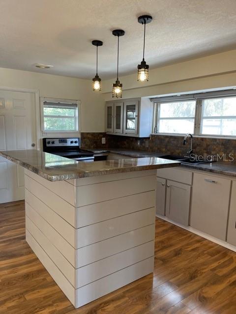 A kitchen features a shiplap-sided island, granite countertops, pendant lighting, and wood-look flooring — 1731 W SAINT LOUIS STREET, TAMPA, FL