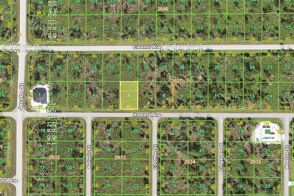This is a land parcel map showing numbered lots along several residential streets — 14034 HOWARD AVENUE, PORT CHARLOTTE, FL