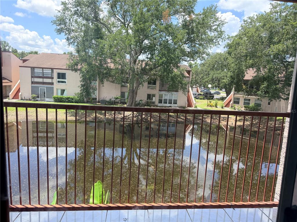 A view of a pond and apartment buildings from a balcony with a metal railing — 2562 LAKEWAY BRANCH DRIVE UNIT 3002, ORLANDO, FL