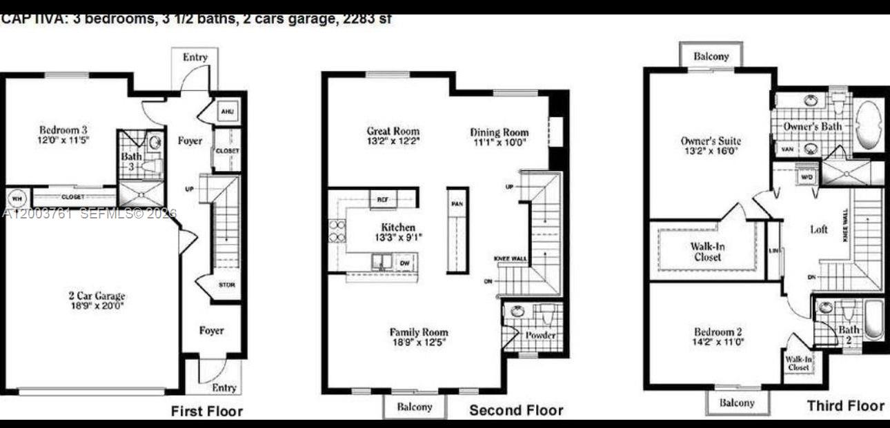 A three-story townhouse exterior features a two-car garage, two balconies, and beige stucco siding — 556 NW 39th Cir, Boca Raton FL 33431, BOCA RATON, FL