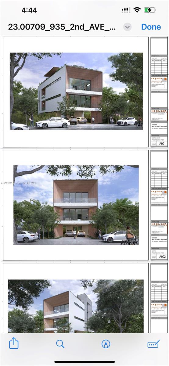 This is a rendering showing three different exterior views of a modern multi-story residential building — 935 2nd St, Miami Beach FL 33139, MIAMI BEACH, FL
