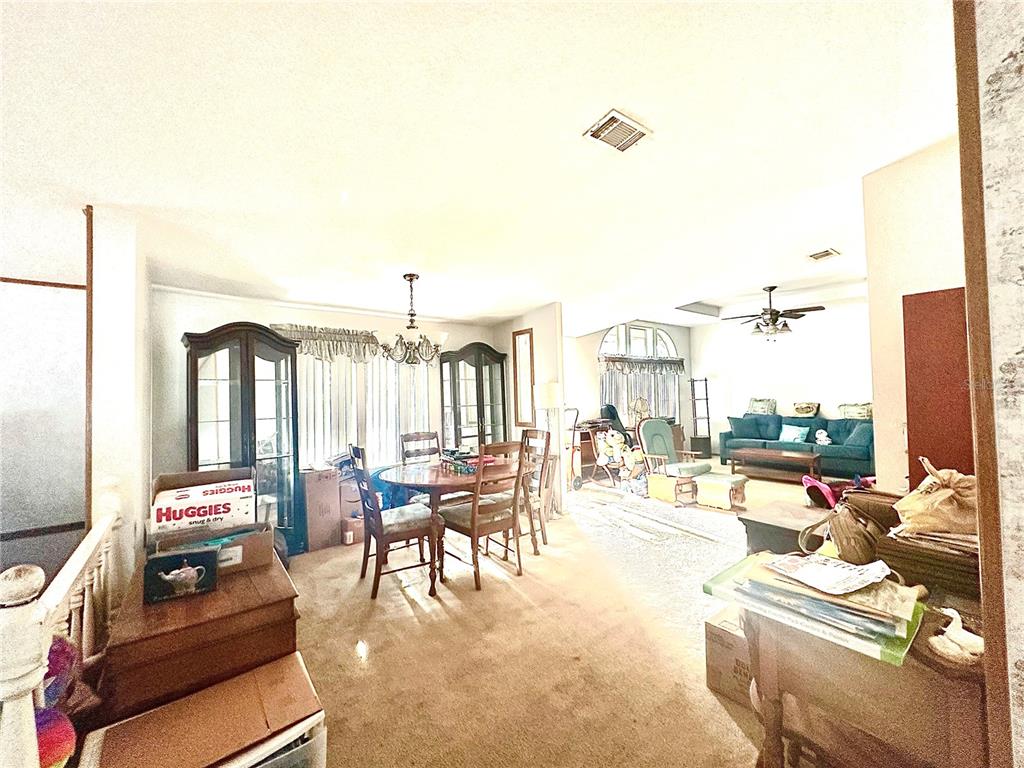 A carpeted dining area and living room feature a dining table, china cabinets, and furniture — 11428 PHEASANT TRAIL, LEESBURG, FL