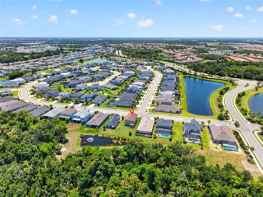 An aerial view shows a suburban neighborhood with houses, a pond, and surrounding greenery — 5951 MAIDENSTONE WAY, PALMETTO, FL