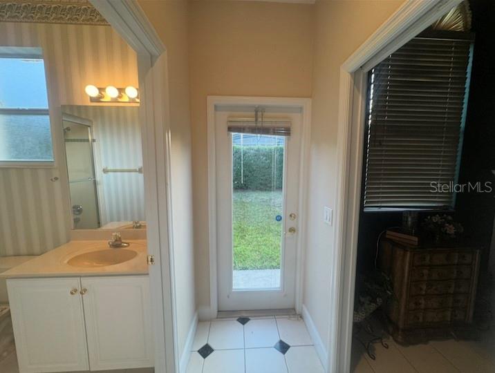 A bathroom vanity with a sink sits beside a glass door leading to a backyard — 10020 HONEY TREE COURT, ORLANDO, FL