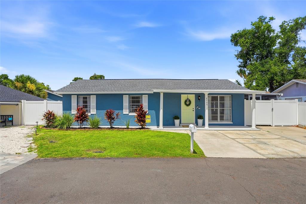A blue single-story house features a light green front door, white columns, and a driveway — 8704 MARLIN COURT, TAMPA, FL