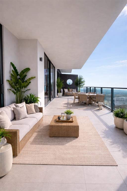 A spacious outdoor balcony features a wicker sofa, dining set, and panoramic city views — 275 1ST AVENUE UNIT 3507, ST PETERSBURG, FL