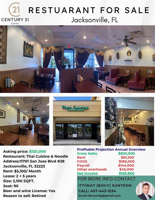 This real estate flyer displays interior and exterior photos of a Thai restaurant for sale — 11701 SAN JOSE BOULEVARD, JACKSONVILLE, FL