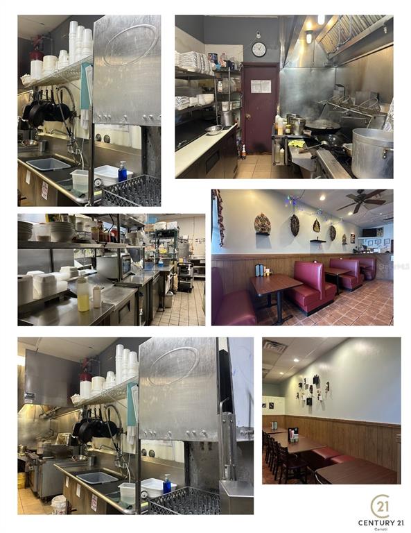This collage shows a commercial kitchen with stainless steel equipment and a restaurant dining area — 11701 SAN JOSE BOULEVARD, JACKSONVILLE, FL