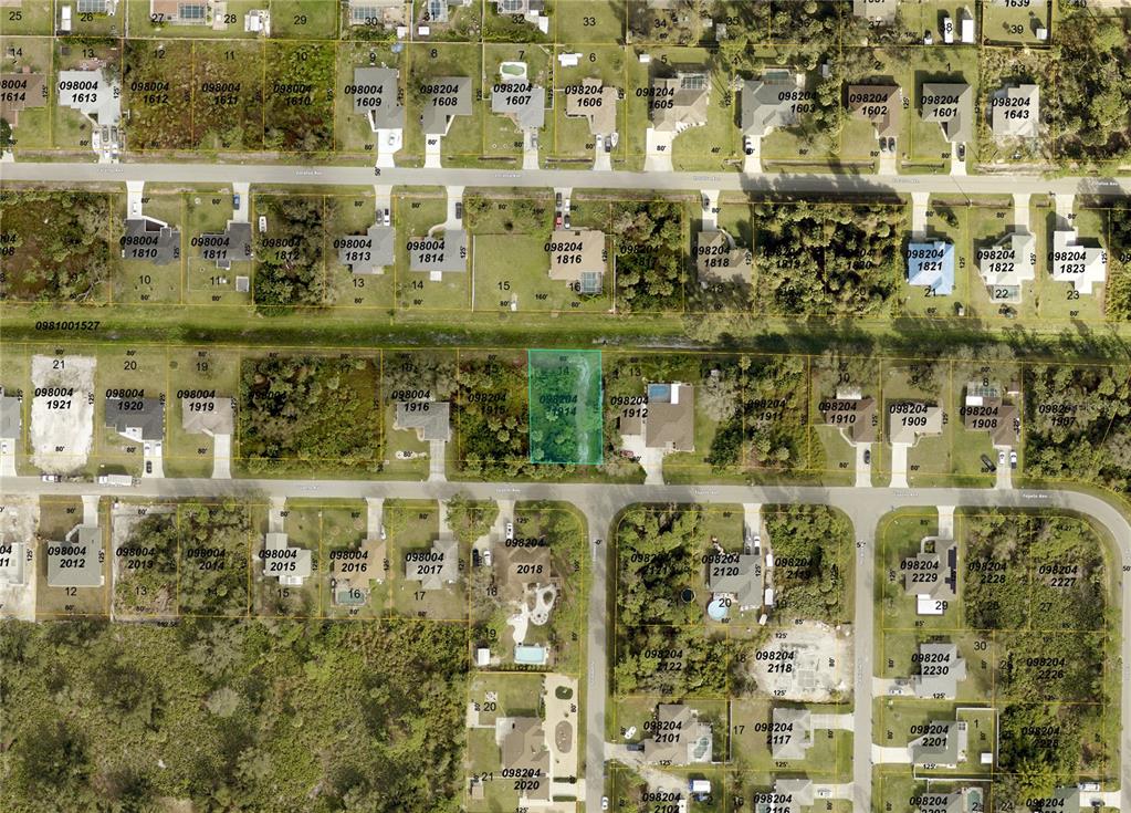 This is an aerial map showing residential lots and houses in a suburban neighborhood — TUPELO (LOT 14) AVENUE, NORTH PORT, FL