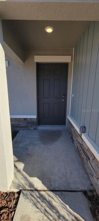 A concrete entryway leads to a dark front door with stone and siding exterior walls — 10083 GENTLE RAIN DRIVE, LAND O LAKES, FL