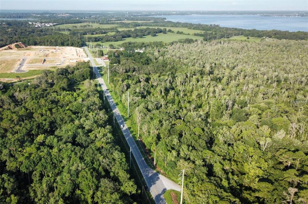 An aerial view shows a paved road cutting through a dense forest near a lake — COUNTY ROAD 44, LEESBURG, FL