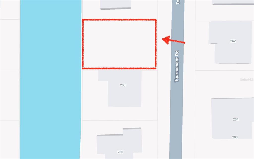 This is a map showing a vacant lot highlighted in red along Tournament Road — 261 TOURNAMENT ROAD, ROTONDA WEST, FL
