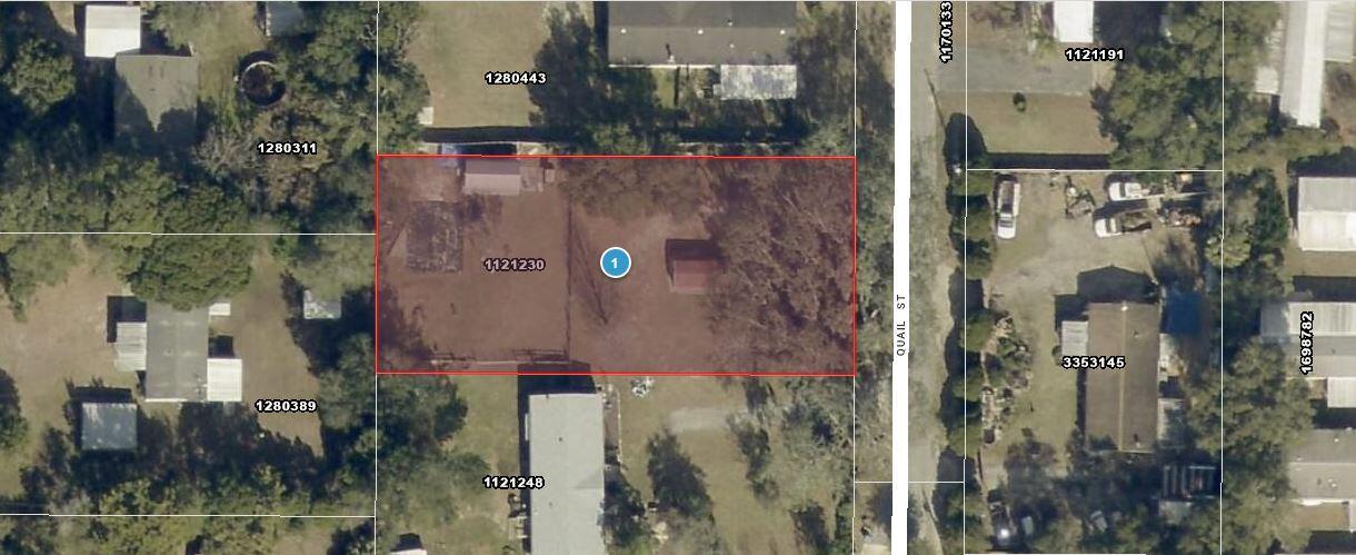 This is an aerial map view of a rectangular residential lot with a small structure — 444 Quail Street, FL 32159, FL