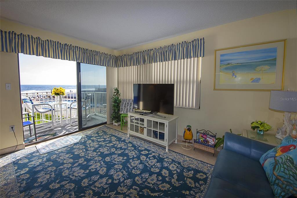A living room with a blue floral rug, television, and sliding doors opening to a balcony — 1571 S ATLANTIC AVENUE UNIT 206, NEW SMYRNA BEACH, FL