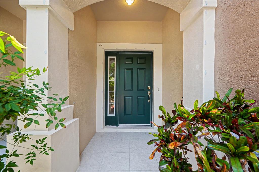 A dark green front door with a side window sits under a covered entryway — 8471 SANDY BEACH STREET, TAMPA, FL