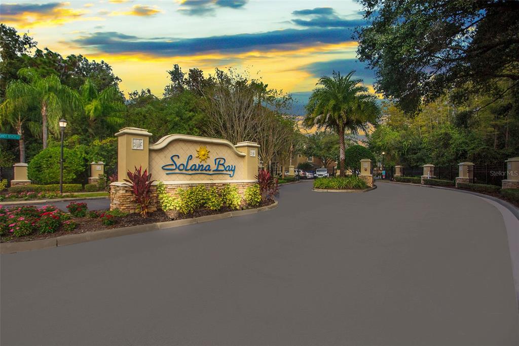 The entrance to the Solana Bay community features a stone monument sign and lush landscaping — 8471 SANDY BEACH STREET, TAMPA, FL