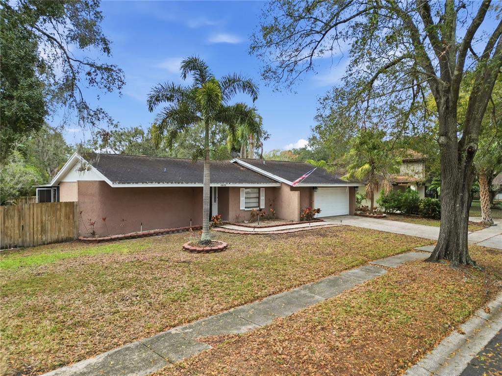 A single-story house with a brown stucco exterior, a palm tree, and a two-car garage — 4602 BUCKEYE ROAD, TAMPA, FL