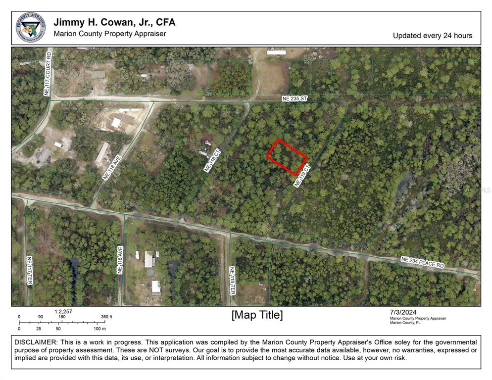 This is a property appraiser map showing a highlighted parcel of land — 0 NE 119TH COURT, FORT MC COY, FL