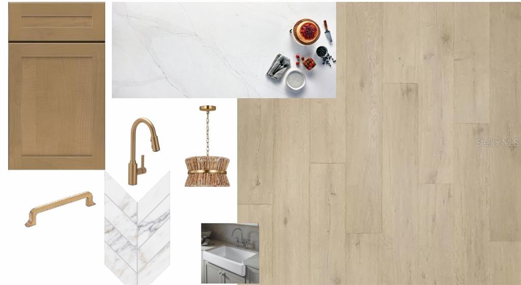 This is a digital design board showing kitchen cabinetry, countertop, flooring, hardware, and fixture samples — 4002 W GRAY STREET, TAMPA, FL
