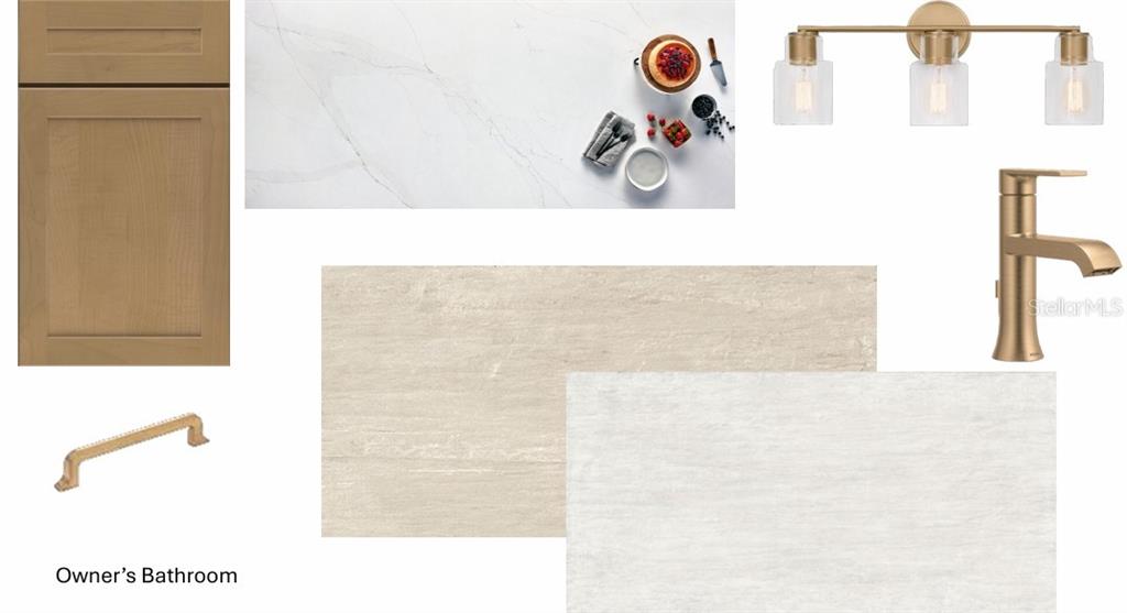 This design board displays finishes for an owner's bathroom, including cabinetry, countertops, lighting, and hardware — 4002 W GRAY STREET, TAMPA, FL