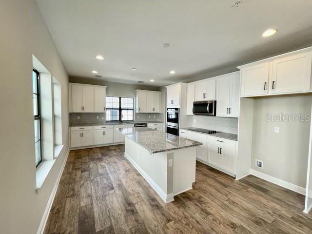 A kitchen features white cabinets, granite countertops, a central island, and wood-look flooring — 1120 SPOTTED SANDPIPER LOOP, WINTER SPRINGS, FL