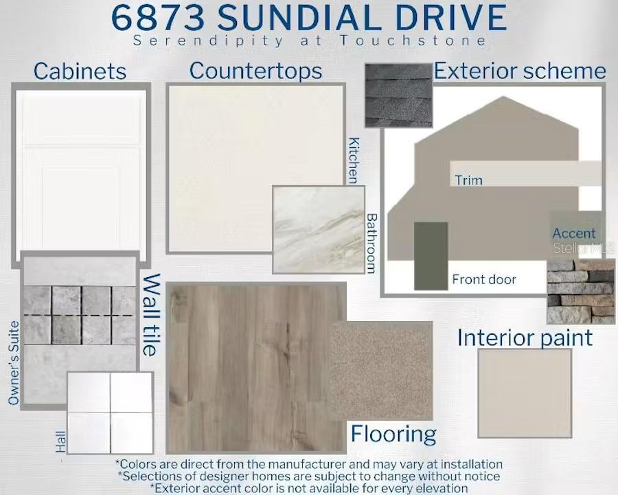 This design board displays samples of cabinets, countertops, tile, flooring, and exterior paint colors — 6873 SUNDIAL DRIVE, LAKELAND, FL