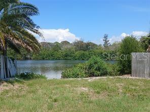 A grassy backyard overlooks a calm pond surrounded by dense green trees and vegetation — 6981 EDGEWATER DRIVE, NEW PORT RICHEY, FL