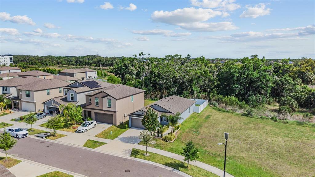 An aerial view shows suburban houses with driveways and lawns bordering a wooded area — 10331 BLUE PLUME COURT, RIVERVIEW, FL