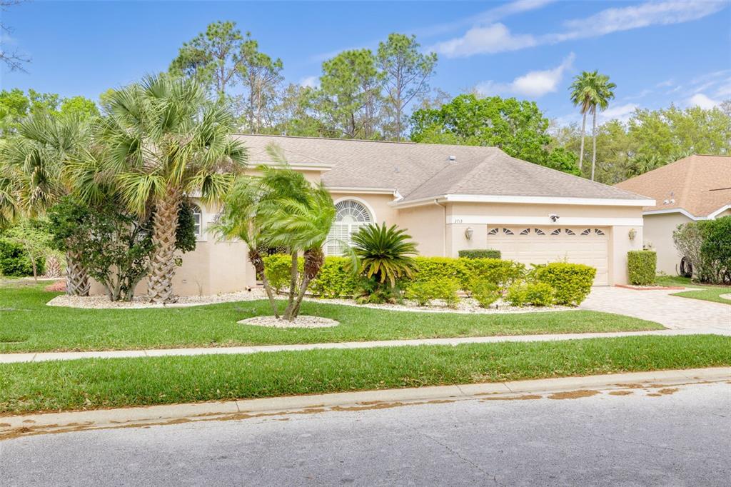 A single-story beige house with a two-car garage, palm trees, and manicured landscaping — 3713 SIENA LANE, PALM HARBOR, FL