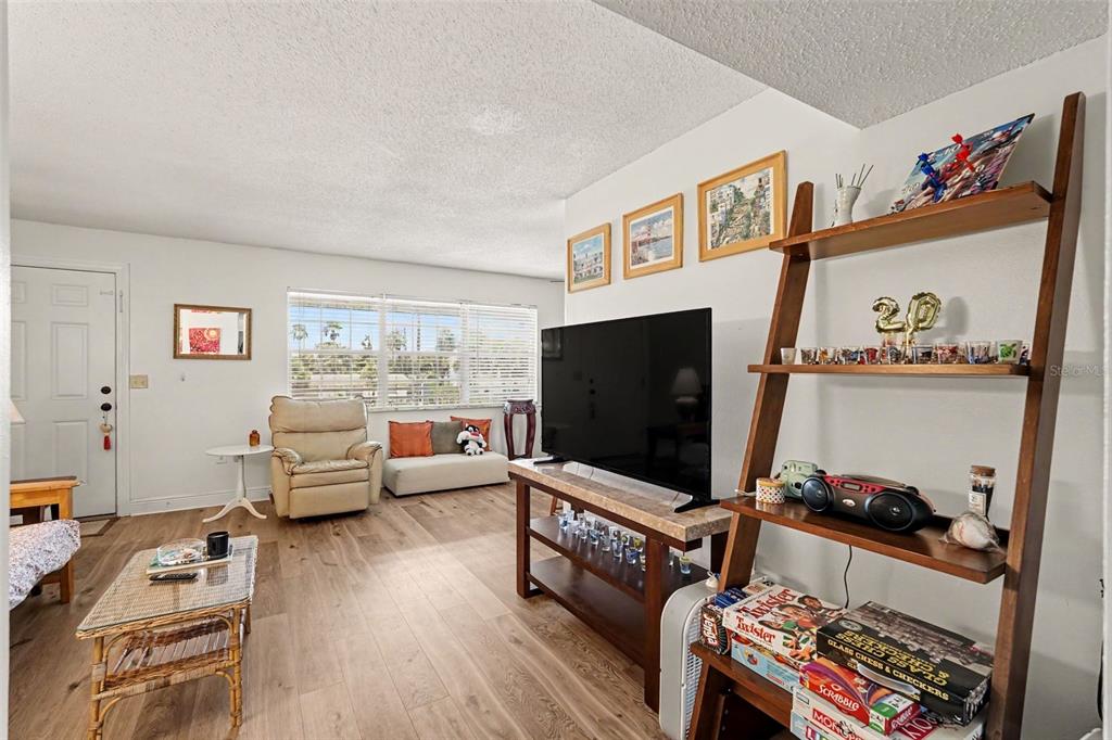A living room features light wood flooring, a television on a stand, and a wooden bookshelf — 1011 S MIRAMAR AVENUE UNIT 9, INDIALANTIC, FL