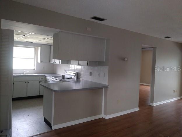 A kitchen with white cabinets and a peninsula counter opens to a living area — 1250 S PINELLAS AVENUE UNIT 809, TARPON SPRINGS, FL