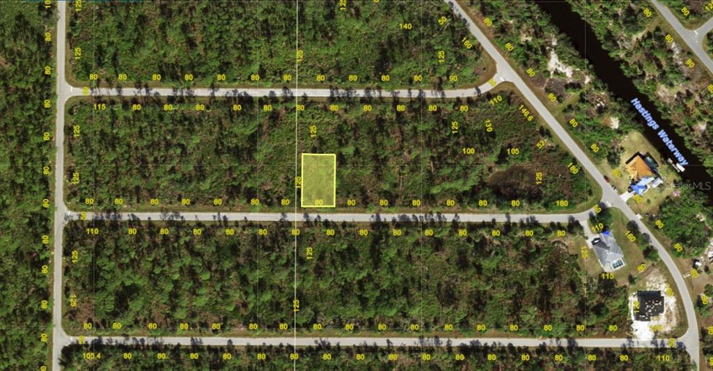 This is an aerial map showing a highlighted rectangular plot of land in a subdivision — 13534 LYNBROOK AVENUE, PORT CHARLOTTE, FL