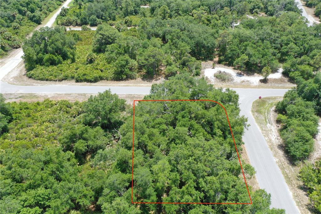 An aerial view shows a wooded, rectangular vacant lot outlined in red near a road — Lot 11 BRIXTON TERRACE, NORTH PORT, FL