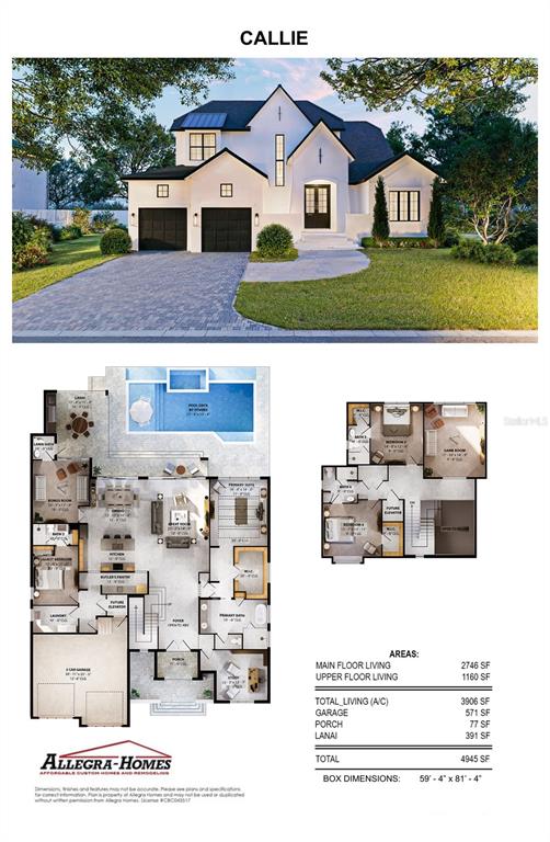 This rendering shows the exterior and floor plans of a two-story residential home — 1821 LINCOLN DRIVE, SARASOTA, FL