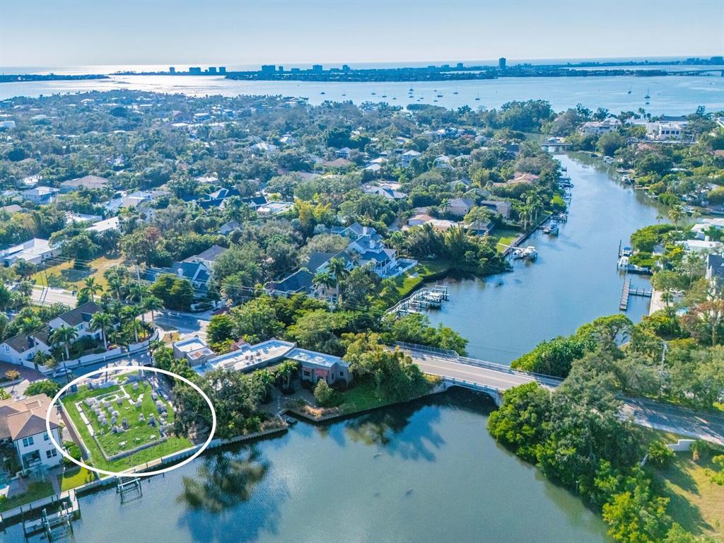 An aerial view shows a waterfront residential area with a circled historic cemetery — 1821 LINCOLN DRIVE, SARASOTA, FL