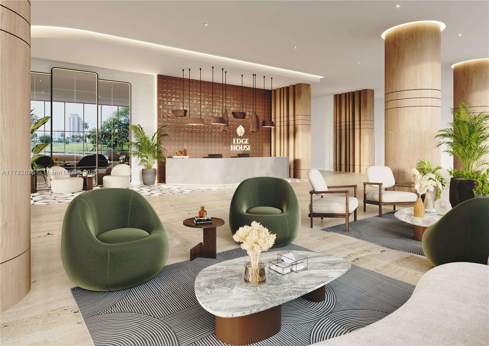 This rendering shows a modern lobby with a reception desk, lounge seating, and wood accents — 1837 NE 4th Ave # 2113, Miami FL 33132, MIAMI, FL
