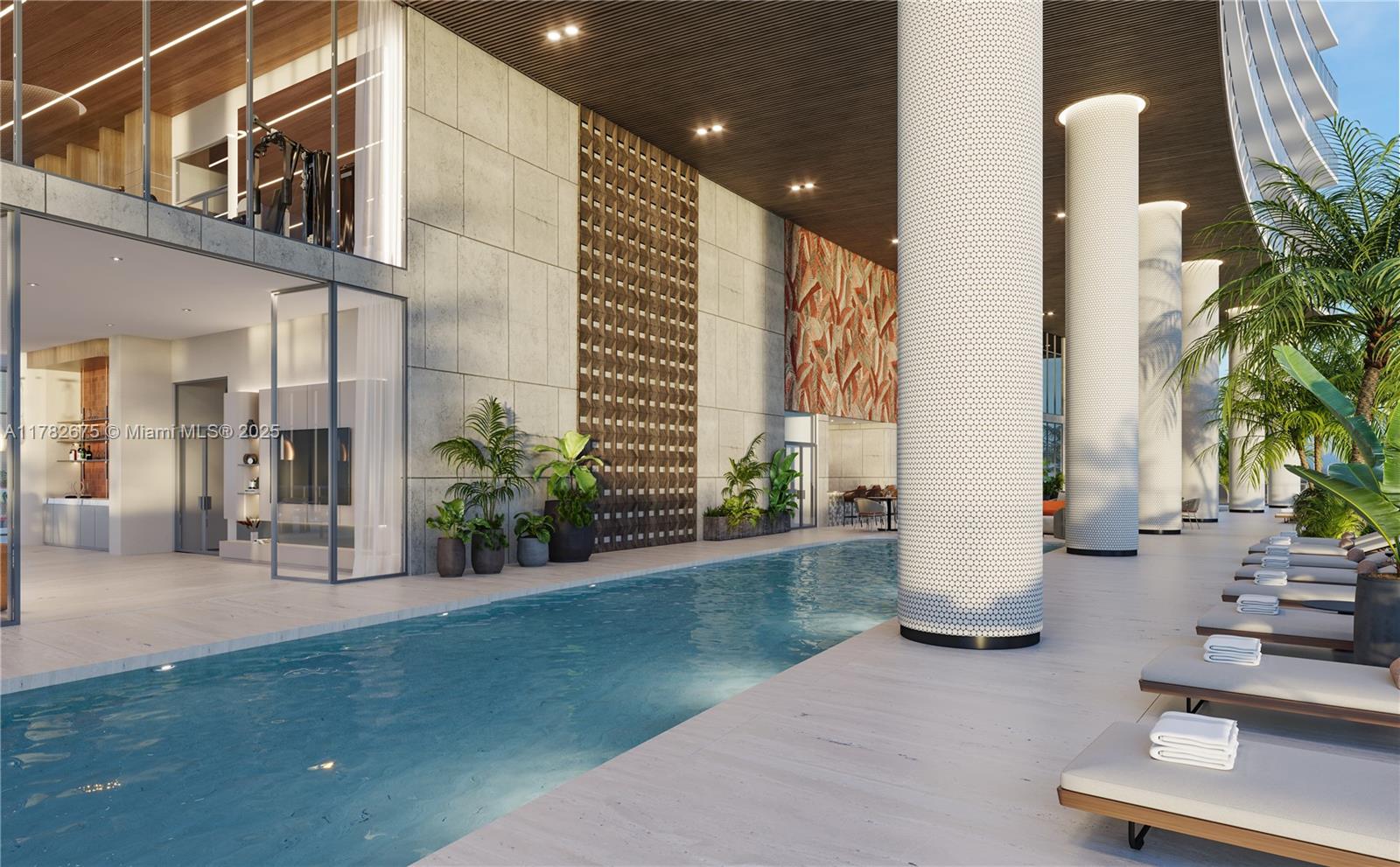 This architectural rendering shows a modern indoor swimming pool area with lounge chairs and columns — 1837 NE 4th Ave # 2113, Miami FL 33132, MIAMI, FL