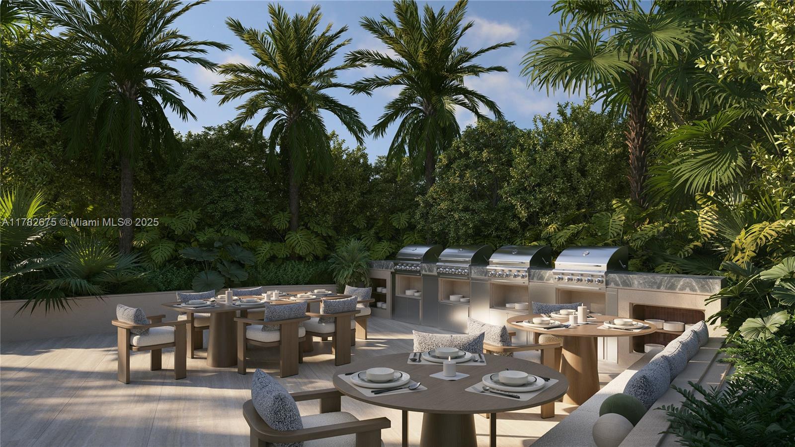 This rendering shows an outdoor patio with dining tables and a built-in stainless steel grill station — 1837 NE 4th Ave # 2113, Miami FL 33132, MIAMI, FL