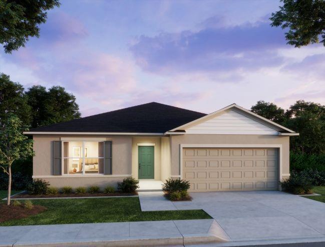 A digital rendering of a single-story suburban house with a teal front door and garage — 1394 Schumann Drive, Sebastian FL 32958, SEBASTIAN, FL