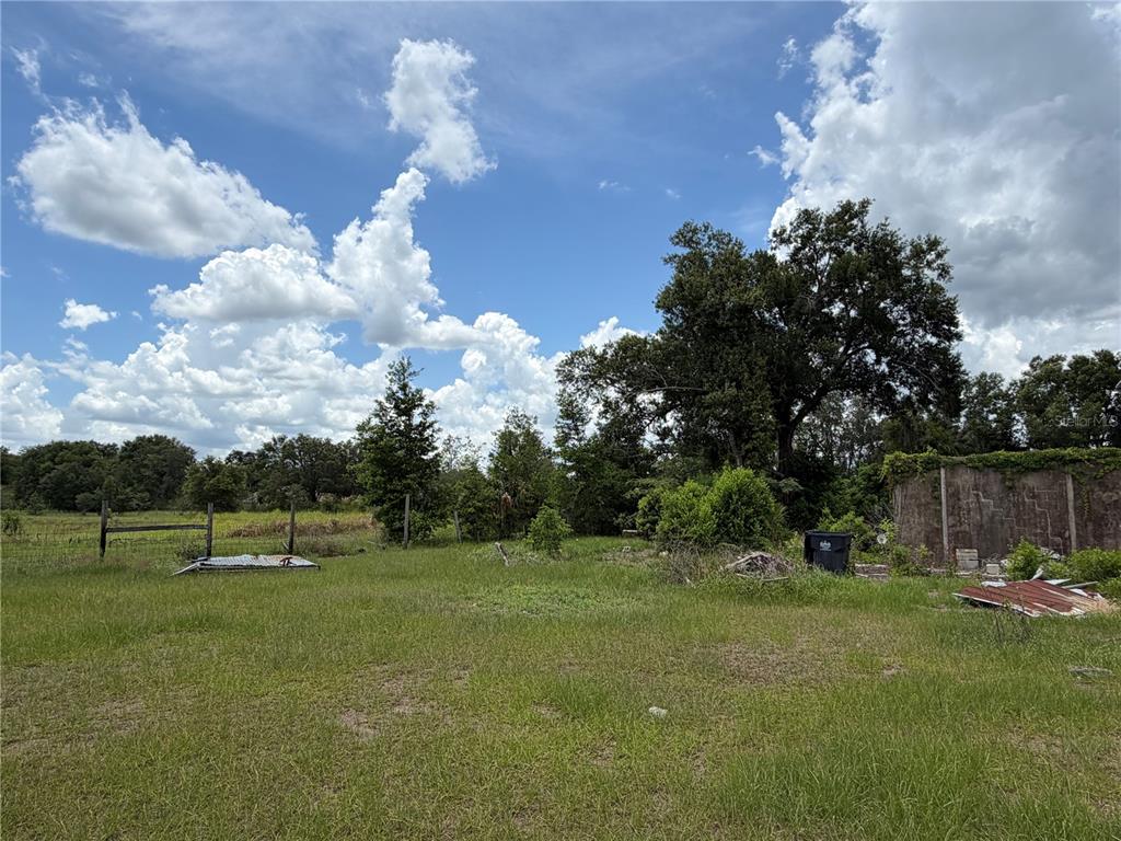 A grassy, open lot features scattered debris, a fence line, and mature trees under clouds — 4215 STEARNS ROAD, VALRICO, FL