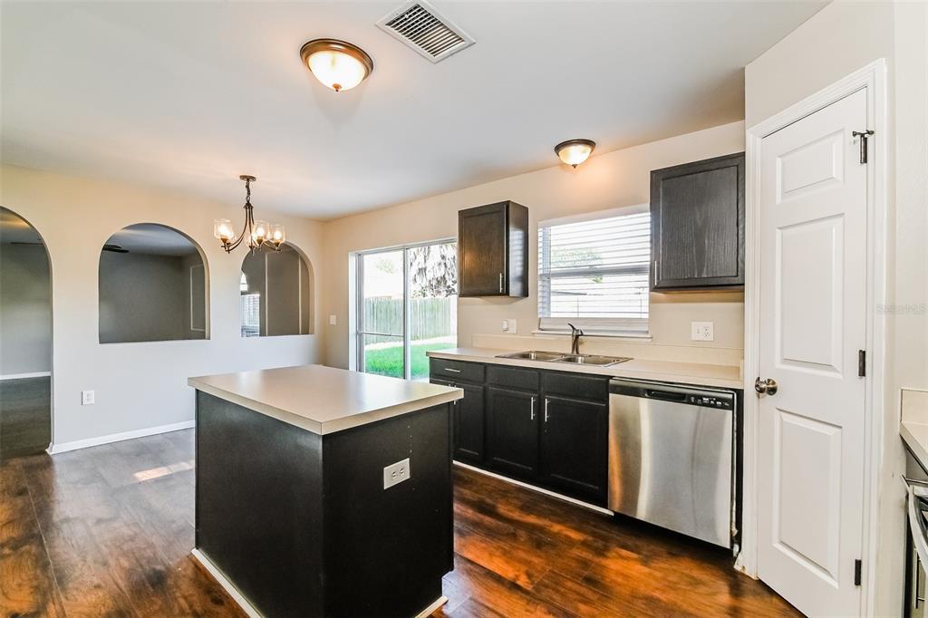 A kitchen features dark cabinets, a center island, stainless steel appliances, and wood-look flooring — 10405 FLY FISHING STREET, RIVERVIEW, FL