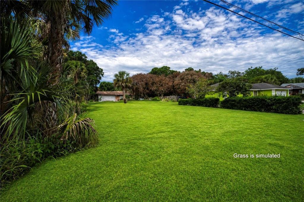 A large, flat, grassy backyard features palm trees and surrounding foliage under a blue sky — VERO BEACH, FL