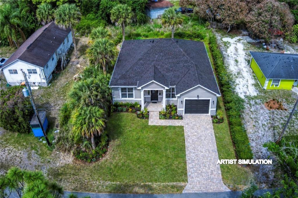 This is an artist simulation of a single-story house with a paved driveway and walkway — VERO BEACH, FL