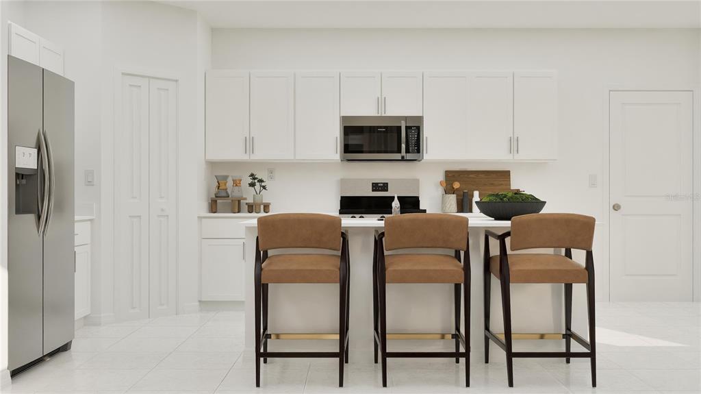 This is a rendering of a modern kitchen featuring white cabinets, stainless appliances, and three stools — 1144 HOUR GLASS ROAD, LAKELAND, FL