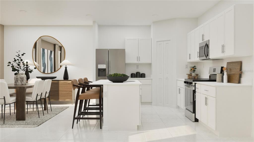 This is a digital rendering of a modern kitchen and dining area with white cabinetry — 1144 HOUR GLASS ROAD, LAKELAND, FL