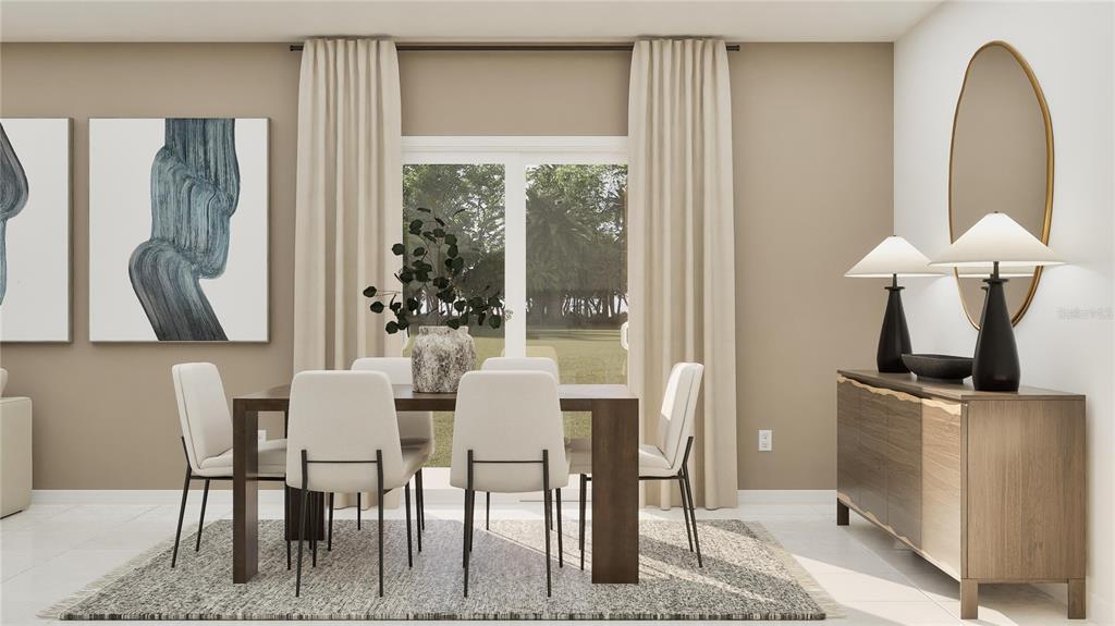 This rendering shows a dining room with a wooden table, four chairs, and a sideboard — 1144 HOUR GLASS ROAD, LAKELAND, FL