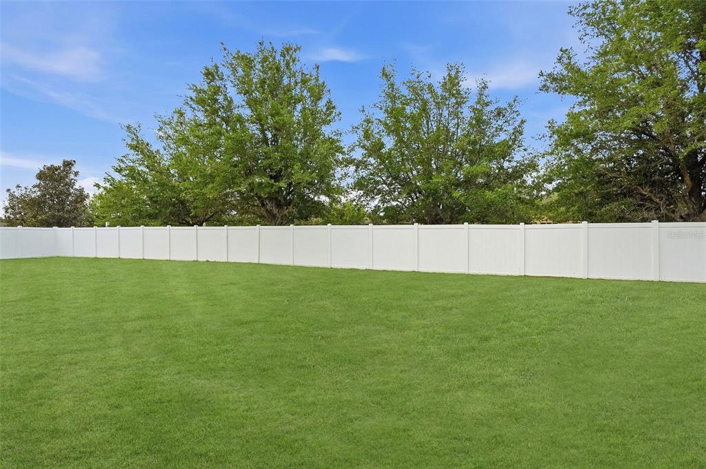 A grassy backyard is enclosed by a white vinyl privacy fence with trees in the background — 848 PETAL MIST LANE, BROOKSVILLE, FL